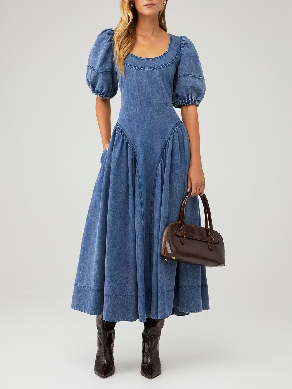 ÊTRE AIMÉ Washed Blue Puff-Sleeve Denim Astrid Dress with Pockets (Size L)
